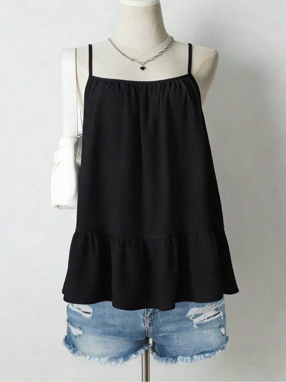 Women's Black Spaghetti Strap Tiered Tank Top